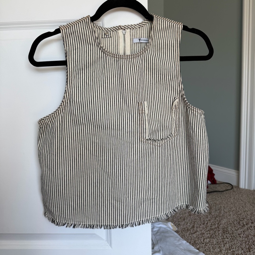 T By Alexander Wang Denim Pinstripe Crop Top in White Cotton